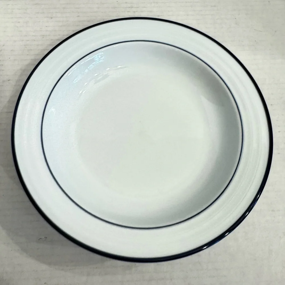 Lot of 2 Crate & Barrel Spal Porcelain Roulette Blue Trim 9” Soup Bowls